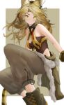  1girl absurdres animal_ear_fluff animal_ears arknights blonde_hair boots breasts brown_background brown_footwear brown_jacket brown_pants brown_shirt cat_ears cat_girl cat_tail cleavage cleavage_cutout clothes_around_waist clothing_cutout earpiece fur-trimmed_jacket fur_trim highres jacket jacket_around_waist large_breasts long_hair looking_at_viewer pants quercus_(arknights) shirt simple_background sleeveless sleeveless_shirt smile solo sora_mame_(princess_0sora) tail 