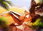  2022 5_fingers anthro beach bedroom_eyes breasts brown_hair clothed clothing day detailed_background digital_media_(artwork) eyebrows eyelashes felid feline female fingers fur hair hand_behind_head hi_res hotarusunshine looking_at_viewer lying lynn_(kamikazekit) mammal narrowed_eyes nipples nude on_back outside palms plant seaside seductive sitting smile solo tree 