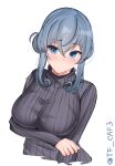  1girl alternate_costume arm_under_breasts black_sweater blue_eyes blue_hair breasts commentary_request cropped_torso gotland_(kancolle) hair_bun kantai_collection large_breasts long_hair long_sleeves looking_at_viewer mole mole_under_eye one-hour_drawing_challenge parted_lips ribbed_sweater solo sweater tf_cafe twitter_username white_background 