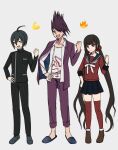  1girl 2boys :d absurdres ahoge arironpawa black_hair black_jacket black_pants blunt_bangs brown_eyes brown_hair buttons clenched_hand collarbone danganronpa_(series) danganronpa_v3:_killing_harmony facial_hair fire full_body goatee hair_ornament hair_scrunchie hand_up harukawa_maki highres jacket long_hair long_sleeves looking_at_viewer low_twintails miniskirt mole mole_under_eye momota_kaito multiple_boys open_clothes open_mouth pants pleated_skirt purple_eyes red_eyes red_scrunchie red_thighhighs saihara_shuichi sailor_collar school_uniform scrunchie shirt short_hair skirt smile spiked_hair standing striped striped_jacket striped_pants teeth thighhighs twintails upper_teeth_only white_shirt zettai_ryouiki 