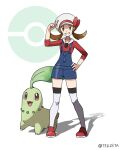  1girl absurdres blue_overalls bow brown_eyes brown_hair cabbie_hat chikorita hand_on_own_hip hat hat_bow highres looking_at_viewer lyra_(pokemon) overalls pokemon pokemon_(creature) pokemon_(game) pokemon_hgss red_bow red_footwear red_shirt shirt sleeves_past_elbows smile teeth tellzeta thighhighs twintails white_headwear 