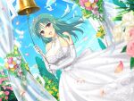  1girl arch bare_shoulders bashou_(senran_kagura) bell bell_ringing bird blue_sky blush breasts bride cleavage cloud collarbone day dove dress elbow_gloves falling_feathers falling_petals feathers flower frilled_dress frilled_gloves frills gloves green_hair jewelry lace-trimmed_dress lace_trim large_breasts leaf long_hair looking_at_viewer necklace official_alternate_costume official_art open_mouth outdoors petals pink_flower pink_rose purple_eyes ring rose senran_kagura senran_kagura_new_link senran_kagura_new_wave shiny_skin sky smile solo tiara tongue transparent_curtains tree wedding wedding_dress wedding_ring white_bird white_dove white_dress white_feathers white_flower white_gloves white_rose yaegashi_nan yellow_flower yellow_rose 