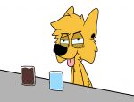  anthro beverage black_nose blue_sclera canid canine canis coffee container cup domestic_dog ear_piercing fur furniture half-closed_eyes hryanart male mammal narrowed_eyes piercing simple_background solo table tongue tongue_out water white_background winston_(hryanart) yellow_body yellow_fur 