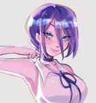  1girl armpits black_choker breasts chainsaw_man choker green_eyes grey_background hair_between_eyes highres large_breasts long_bangs looking_at_viewer pink_lips purple_hair reze_(chainsaw_man) ruinique short_hair simple_background smile solo 