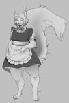  2021 anthro artist_name barefoot big_tail biped claws clothing clothing_bow digital_media_(artwork) dress eyebrows feet female full-length_portrait fur greyscale hair hi_res hindpaw looking_at_viewer maid_uniform mammal monochrome paws portrait rodent sciurid solo standing tail toe_claws tree_squirrel uniform wolfbane154 