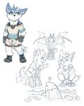  ambiguous_gender ambiguous_species anthro blue_body blue_fur blue_hair canid clothing dragon feral fur hair hi_res male mammal multicolored_body naoren simple_background smile standing tail two_tone_body water white_background yellow_eyes 