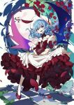  1girl absurdres bat_(animal) bat_wings blue_hair dress flower frilled_dress frills high_heels highres long_sleeves red_dress red_eyes red_flower red_footwear red_rose remilia_scarlet rose sharp_teeth short_hair smile solo teeth touhou ushiki_yoshitaka white_headwear wings 