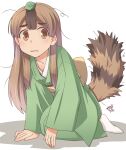  1girl brown_eyes brown_hair full_body green_kimono highres japanese_clothes kimono kneeling leaf leaf_on_head looking_at_viewer mameda_(uchi_no_shisho_wa_shippo_ga_nai) messy_hair obi osamada_meika raccoon_girl raccoon_tail sash socks solo tail uchi_no_shisho_wa_shippo_ga_nai white_background white_socks 