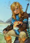  1boy armor black_gloves blonde_hair blue_eyes boots dated day fingerless_gloves food gloves highres holding holding_food holding_pizza jane_mere knee_boots link male_focus master_sword open_mouth outdoors pizza pizza_slice pointy_ears rock signature sitting sky solo sword sword_on_back the_legend_of_zelda the_legend_of_zelda:_tears_of_the_kingdom tunic weapon weapon_on_back 