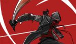  absurdres arknights black_jacket black_pants commentary_request glowing glowing_eye hateful_avenger_(arknights) highres holding holding_sword holding_weapon hood hood_up hooded_jacket jacket katana looking_at_viewer pants red_background red_eyes red_shirt shirt shoshu simple_background sword weapon 