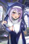  1girl absurdres animal_ears blush breasts cat_ears cat_girl cat_tail cleavage fang hair_between_eyes highres hololive large_breasts long_sleeves looking_at_viewer nekomata_okayu nun open_mouth purple_eyes purple_hair short_hair skin_fang solo tail thighhighs torakichi_888 virtual_youtuber white_thighhighs 