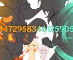  2boys 2girls :d aether_(genshin_impact) bug butterfly chibi damage_numbers emaiiyaru fire genshin_impact halo highres hu_tao_(genshin_impact) multiple_boys multiple_girls open_mouth paimon_(genshin_impact) punching shikanoin_heizou simple_background smile white_background wind 