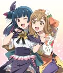  2girls black_capelet blue_hair blush bow brown_eyes brown_hair capelet commentary feather_hair_ornament feathers flower genjitsu_no_yohane hair_bow hair_bun hair_flower hair_ornament hands_on_another&#039;s_shoulders head_scarf highres kunikida_hanamaru long_hair love_live! love_live!_sunshine!! miniskirt multiple_girls one_eye_closed open_mouth purple_eyes scrunchie single_side_bun skirt smile tsushima_yoshiko vorupi wrist_scrunchie 