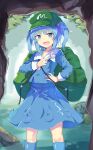  1girl backpack bag beads blue_eyes blue_footwear blue_hair blue_shirt blue_skirt boots cave collar collared_shirt frilled_shirt_collar frills green_bag green_headwear hair_beads hair_ornament hand_on_own_chest hand_on_own_hip hat kawashiro_nitori leaf long_sleeves looking_at_viewer medium_hair miniskirt official_art open_mouth outdoors pocket river rock rubber_boots shirt short_twintails skirt to-den_(v-rinmiku) touhou touhou_cannonball tree twintails white_collar 
