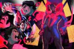  1boy black_hair blue_bodysuit bodysuit closed_mouth dark-skinned_male dark_skin fangs fangs_out glowing glowing_eyes highres male_focus marvel miguel_o&#039;hara multiple_views muscular muscular_male open_mouth red_bodysuit red_eyes short_hair spider-man:_across_the_spider-verse spider-man_(2099) spider-man_(series) sweetlychii two-tone_bodysuit 