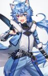  1boy :d ahoge animal_ear_fluff animal_ears apollo_(vtuber) artist_name belt belt_buckle belt_pouch black_belt black_bodysuit blue_eyes blue_hair blue_jacket blue_nails blue_pants blush bodysuit bodysuit_under_clothes buckle clothing_cutout coattails collared_shirt commentary_request commission covered_collarbone cowboy_shot cropped_jacket crossed_bangs dog_ears eyelashes fang fingernails floating_hair fur-trimmed_jacket fur-trimmed_sleeves fur_trim hair_between_eyes hair_ornament hair_tubes hand_up heterochromia highres holding holding_sword holding_weapon indie_virtual_youtuber jacket light_particles long_hair looking_at_viewer low_ponytail male_focus nail_polish open_clothes open_jacket open_mouth pants ponytail pouch purple_eyes shirt short_sleeves sidelocks simple_background skeb_commission skin_fang smile solo standing sword vambraces very_long_hair virtual_youtuber weapon white_background white_shirt yuuhi_mika 