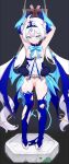  1girl armpits arms_up blue_bow blue_bowtie blue_eyes blue_thighhighs bow bowtie breasts bridal_legwear censored closed_mouth commentary_request commission dress elsword full_body hair_between_eyes highres horns long_hair luciela_r._sourcream mosaic_censoring navel nipples no_panties pixiv_commission pointy_ears pubic_tattoo pussy restrained small_breasts solo standing tama_(tamatamo) tattoo thighhighs torn_clothes torn_thighhighs very_long_hair white_dress white_hair 