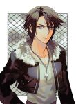  1boy black_jacket blue_eyes brown_hair buckle chain-link_fence commentary_request cropped_jacket day fence final_fantasy final_fantasy_viii frown fur-trimmed_jacket fur_trim hand_on_own_hip highres jacket jewelry light_frown long_sleeves male_focus necklace outdoors scar scar_on_face shirt short_hair solo squall_leonhart standing tdmmt_r v-neck white_shirt 