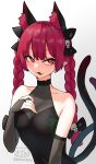  1girl animal_ear_fluff animal_ears artist_name black_leotard braid bridal_gauntlets cat_ears cat_tail collarbone extra_ears fingernails highres kaenbyou_rin ke-su leotard long_hair multiple_tails red_eyes red_hair signature simple_background solo tail touhou twin_braids twitter_username two_tails white_background 