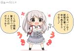  1girl armpit_cutout backpack bag breasts brown_eyes chibi cleavage_cutout clothing_cutout commentary_request conte_di_cavour_(kancolle) conte_di_cavour_nuovo_(kancolle) dress full_body goma_(yoku_yatta_hou_jane) grey_dress grey_hair instrument kantai_collection large_breasts layered_dress open_mouth randoseru recorder simple_background solo standing translation_request twitter_username two-tone_dress two_side_up wavy_mouth white_background 