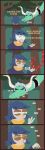  absurd_res blue_hair clothing comic dragon duo english_text eyes_closed fangs female feral forest green_body green_eyes green_scales hair hi_res horn human larger_female long_tongue maid_uniform male male/female mammal matilda_the_maid_dragon plant robe sarin_the_merchant scales shane_frost size_difference teeth text tongue tree uniform 
