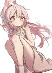  1girl absurdres bare_arms bare_legs bare_shoulders brown_eyes commentary dot_nose dress grey_hair hair_between_eyes halu_1113 highres knees_to_chest legs long_hair looking_at_viewer multicolored_hair onii-chan_wa_oshimai! oyama_mahiro pink_hair ponytail pout simple_background sitting sleeveless sleeveless_dress socks solo two-tone_hair white_background 