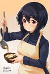  1girl apron artist_name blue_hair blue_jacket bowl brave_witches closed_mouth commentary_request food gradient_background haruhata_mutsuki holding holding_food jacket ladle looking_at_viewer military military_uniform miso_soup pouring purple_eyes shimohara_sadako short_hair signature smile solo soup standing uniform upper_body world_witches_series yellow_apron 