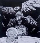  2023 absurd_res angel dogma_(tboi) duo feathered_wings feathers hi_res inktober inktober_2023 looking_at_another signature television the_binding_of_isaac_(series) theblueberrycarrots traditional_media_(artwork) wings 