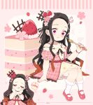  1girl :q absurdres alternate_costume bare_shoulders black_hair braid cake closed_eyes closed_mouth dress earrings food forehead fruit fruit_hair_ornament hair_ribbon highres jewelry kamado_nezuko kimetsu_no_yaiba long_hair looking_at_viewer multicolored_hair orange_hair pink_dress pink_eyes pink_footwear pink_ribbon pori_(kmt_pori) ribbon shoes smile strawberry strawberry_cake thighhighs tongue tongue_out very_long_hair white_thighhighs 
