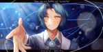  1boy ascot blue_ascot blue_coat blue_hair chesed_(project_moon) coat dated highres jellyfish lk0_71604 lobotomy_corporation male_focus parted_bangs parted_lips project_moon reaching reaching_towards_viewer smile solo underwater upper_body whale yellow_eyes 