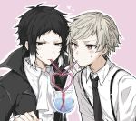  2boys akutagawa_ryuunosuke_(bungou_stray_dogs) ascot black_eyes black_hair black_jacket black_necktie blush bungou_stray_dogs closed_mouth collared_shirt crazy_straw cup drinking_straw grey_hair heart_straw jacket male_focus multicolored_hair multiple_boys nakajima_atsushi_(bungou_stray_dogs) necktie pink_background shirt short_hair simple_background suspenders sweatdrop totomuraakat two-tone_hair upper_body v-shaped_eyebrows white_ascot white_shirt yaoi yellow_eyes 