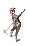  1girl arm_up armor artist_name ass facing_away ff69_(ff69x) full_armor highres holding holding_weapon knight leg_armor looking_at_viewer looking_back original pinup_(style) red_ribbon revealing_clothes ribbon solo_focus tongue tongue_out weapon 