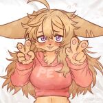  1:1 5_fingers anthro blep blush bodily_fluids breasts canid canine canis claws clothed clothing comifur cropped_hoodie digital_drawing_(artwork) digital_media_(artwork) domestic_dog double_v_sign english_text female female_anthro finger_claws fingers flying_sweatdrops fur gesture hair hoodie long_ears long_hair looking_at_viewer loomy_(comifur) mammal pawpads purple_eyes solo sweat sweatdrop tan_body tan_fur tan_hair text text_on_clothing tongue tongue_out topwear v_sign 