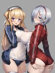  2girls :d absurdres ass ass_grab black_thighhighs blonde_hair blue_buruma blue_eyes blue_jacket blush breast_press breasts buruma commentary_request covered_navel covered_nipples fletcher_(kancolle) fletcher_mk_ii_(kancolle) grabbing_own_ass grey_background grey_eyes grey_hair gym_shirt gym_uniform hair_ornament hair_over_one_eye hair_ribbon hairband hamakaze_(kancolle) highres jacket kantai_collection large_breasts long_hair looking_at_viewer medium_breasts multiple_girls open_mouth parted_lips red_jacket ribbon shirt short_hair simple_background smile standing star_(symbol) star_hair_ornament thighhighs thighs torisan white_shirt white_thighhighs 