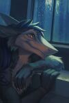  anthro arm_tuft blue_body blue_fur blue_hair blue_markings elbow_tuft fur glistening glistening_eyes hair hi_res male markings mouth_closed mylafox orange_eyes sergal short_hair side_view solo tuft white_body white_fur 