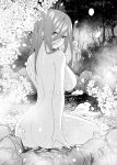  1girl ass branch breasts commentary_request completely_nude falling_petals from_behind go-toubun_no_hanayome greyscale hair_between_eyes highres kosmos_beta large_breasts long_hair looking_at_viewer monochrome nakano_miku nude onsen paid_reward_available petals rock sitting smile soaking_feet solo steam tree wet 