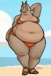  2023 absurd_res anthro beach belly big_belly bikini bikini_bottom bikini_top breasts clothing common_hippopotamus dreamworks female footwear gloria_the_hippopotamus hand_behind_head hand_on_hip hi_res hippopotamid looking_aside looking_away madagascar_(series) mammal navel obese obese_anthro obese_female open_mouth overweight overweight_anthro overweight_female oystercatcher7 sand sandals sea seaside signature sky sling_bikini solo standing swimwear teeth thick_thighs tongue water wide_hips 