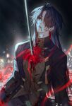  1boy black_hair black_jacket blade_(honkai:_star_rail) blood blood_on_weapon brown_vest chinese_clothes dan092 hair_over_one_eye highres honkai:_star_rail honkai_(series) jacket long_hair long_sleeves male_focus one_eye_covered parted_lips red_eyes solo sword vest weapon 