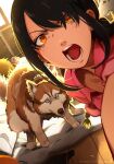  1boy 1girl :o absurdres animal animal_collar bed black_hair blush braid breasts chainsaw_man character_request cleavage collar denji_(chainsaw_man) dog highres holding holding_phone indoors khyle. long_hair looking_at_viewer lying nayuta_(chainsaw_man) on_side open_mouth orange_eyes orange_hair phone pink_shirt ponytail shirt sunlight teeth tongue web_address wooden_floor 