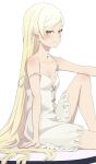  1girl absurdres arm_support bare_shoulders blonde_hair blush breasts camui1104 dress highres kiss-shot_acerola-orion_heart-under-blade kizumonogatari long_hair looking_at_viewer monogatari_(series) oshino_shinobu pointy_ears see-through simple_background sitting small_breasts smile solo spaghetti_strap vampire very_long_hair white_background white_dress yellow_eyes 