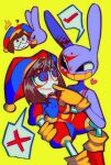  1boy 1girl black_eyes blood blood_on_face blue_eyes brown_hair carrying clenched_teeth commentary english_commentary gloves hat highres jax_(the_amazing_digital_circus) jester jester_cap kiss kissing_cheek maplemersh26 multicolored_eyes pomni_(the_amazing_digital_circus) rabbit red_eyes short_hair simple_background spoken_x surprised sweat teeth the_amazing_digital_circus yellow_background yellow_gloves 
