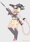  absurd_res anthro blonde_hair breasts claws clothing crossgender demon fangs female gun hair hat headgear headwear helluva_boss hi_res holding_object holding_weapon horn imp nipple_outline open_mouth open_smile ranged_weapon shokyshoky5 smile solo striker_(helluva_boss) teeth thick_thighs weapon white_hair yellow_eyes 