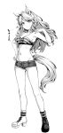  1girl absurdres animal_ears asymmetrical_footwear bikini breasts cleavage closed_mouth denim denim_shorts full_body gold_city_(umamusume) greyscale groin hamao highres horse_ears horse_girl horse_tail long_hair mismatched_footwear monochrome navel shorts simple_background solo swimsuit tail translation_request umamusume white_background 