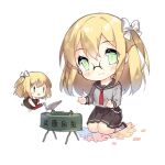  2girls :d black_footwear blonde_hair blush blush_stickers brown_dress brown_sailor_collar brown_skirt chibi claymore_(mine) closed_mouth dress explosive fairy_(girls&#039;_frontline) flower full_body girls&#039;_frontline glasses green_eyes grey_shirt hair_between_eyes hair_ribbon holding kneeling landmine_fairy_(girls&#039;_frontline) long_hair long_sleeves looking_at_viewer mine_(weapon) multiple_girls neck_ribbon necktie official_art one_side_up open_mouth pleated_skirt red_necktie red_ribbon ribbon rimless_eyewear sailor_collar saru school_uniform serafuku shirt simple_background skirt smile socks third-party_source transparent_background trowel w white_ribbon white_socks |_| 