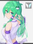  1girl bare_shoulders blush breasts closed_mouth detached_sleeves frog_hair_ornament green_eyes green_hair hair_between_eyes hair_ornament hair_tubes highres japanese_clothes kochiya_sanae large_breasts long_hair nontraditional_miko puuakachan smile snake_hair_ornament solo touhou unfinished_dream_of_all_living_ghost upper_body white_sleeves wide_sleeves wings 