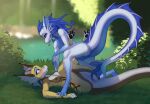  anthro anus blue_body blue_eyes blue_scales blush bodily_fluids breasts claws digital_media_(artwork) dominant dominant_female dragon duo ear_fins feet_on_arm female female/female fin forked_tongue genitals gradient_arms gradient_legs grass hi_res lake leaf legs_up long_tail lying markings narrowed_eyes nipples non-mammal_breasts non-mammal_nipples on_back on_grass outside pawpads paws penis phluks plant prehensile_penis prehensile_tail pseudo_hair pussy scales scalie shrub snout submissive submissive_female tail tail_fin tail_genitals tail_penis toe_claws tongue tongue_out unusual_anatomy unusual_genitalia_placement unusual_penis_placement unusual_tail waterfall white_body white_scales yellow_body yellow_scales 