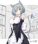  1girl absurdres animal_ears blue_eyes breasts cat_ears cosplay grey_hair hair_ornament hairpin hamakaze_(kancolle) highres hu_tao_kaze indoors kantai_collection large_breasts looking_at_viewer maid medium_hair rem_(re:zero) rem_(re:zero)_(cosplay) solo tail upper_body 