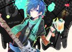  1boy alcohol beer beer_mug blue_eyes blue_hair cup earrings electric_guitar green_scarf guitar hair_ornament instrument jewelry kaito_(vocaloid) looking_at_viewer mikipa mug nail_polish non-web_source scarf solo vocaloid 