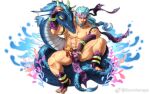  1boy abs animal aqua_hair bandaged_arm bandages bara beard body_markings bracelet bulge check_copyright copyright_request facial_hair faux_figurine floating_clothes floating_hair full_body headband horns jewelry konohanaya large_pectorals long_hair magatama male_focus mature_male muscular muscular_male navel nipples oversized_animal pectorals pelvic_curtain petting purple_headband sanpaku snake solo spread_legs stomach thick_eyebrows thick_thighs thighs topless_male veins veiny_arms 