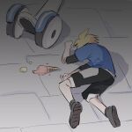  1boy absolute_newb blonde_hair cloud_strife final_fantasy final_fantasy_vii final_fantasy_vii_rebirth final_fantasy_vii_remake food highres ice_cream ice_cream_cone lying meme official_alternate_costume on_floor segway shorts solo spiked_hair yamcha_pose_(meme) 